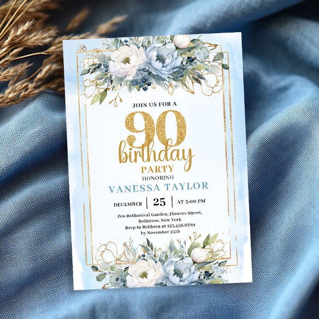 Invitation pour les 90 ans avec accent or et eucal (Blue Eucalyptus Gold Accent 90th Birthday Invite)