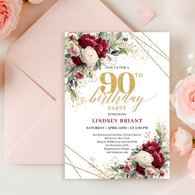 Invitation pour les 90 ans avec des roses rouges e (Refined Red and White Roses 90th Birthday Invitation)