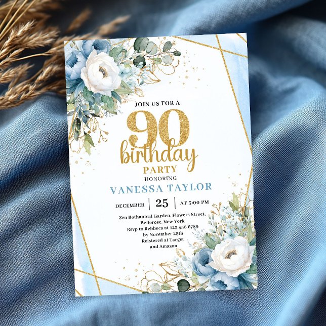 Invitation pour les 90 ans avec fleurs aquarelles  (90th Birthday Party Invite Watercolor Blue Flowers Glitter

)