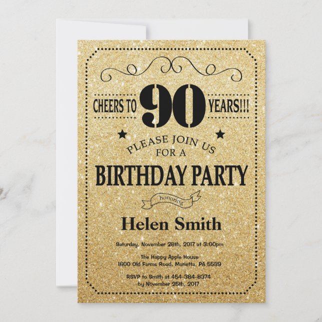 Invitation pour les 90 ans avec paillettes noires  (Devant)