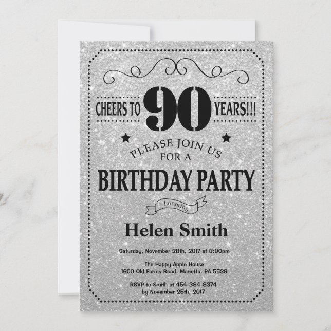 Invitation pour les 90 ans avec paillettes noires  (Devant)