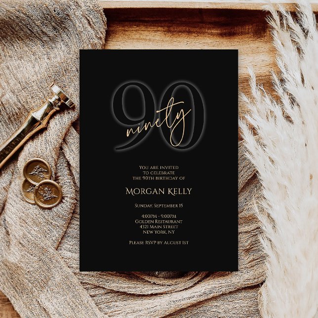 Invitation pour les 90 ans de Modern Black Gold (Modern Black Gold 90th Birthday Invitation Card)