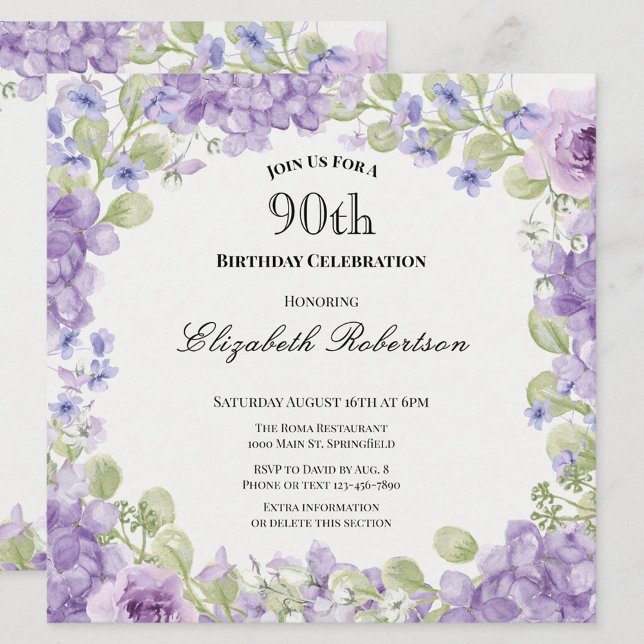 Invitation pour les 90 ans Élégant floral violet (Créateur téléchargé)