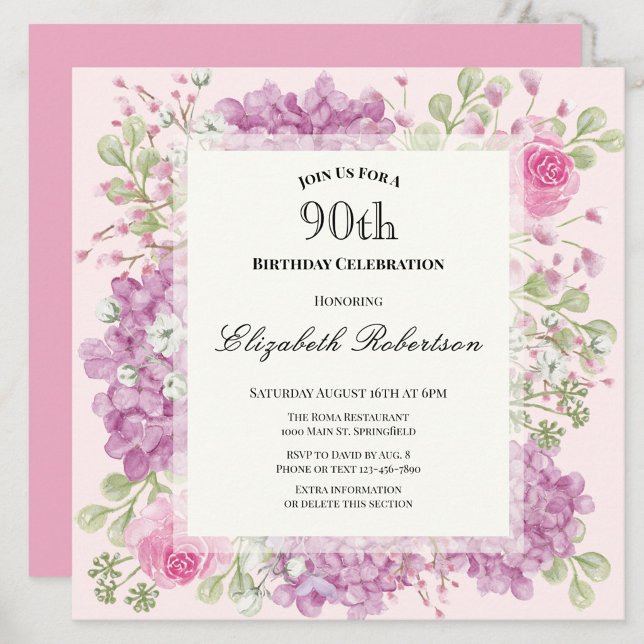 Invitation pour les 90 ans Élégantes Fleurs Roses (Créateur téléchargé)