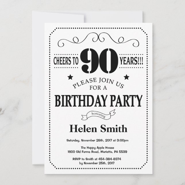 Invitation pour les 90 ans Noir et Blanc (Devant)