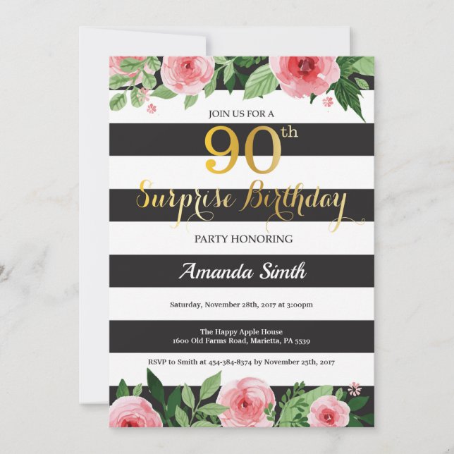 Invitation pour les 90 ans surprise femmes floral (Devant)