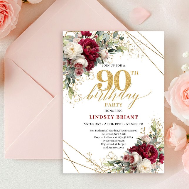 Invitation pour les 90 ans Timeless Marsala Floral (Timeless Marsala Floral Gold 90th Birthday Invite)