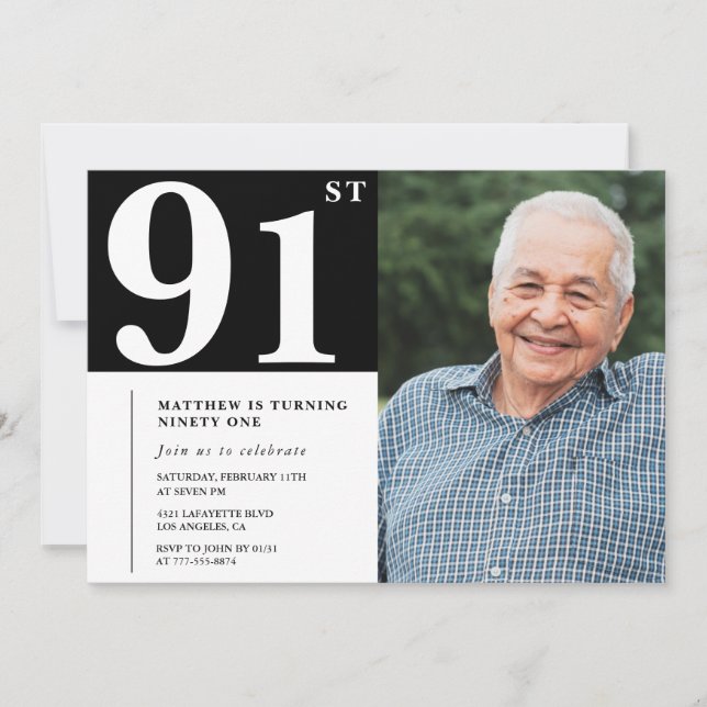 Invitation pour les 91 ans avec photo en noir et b (Devant)