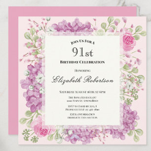 Invitation pour les 91 ans Élégantes Fleurs Roses