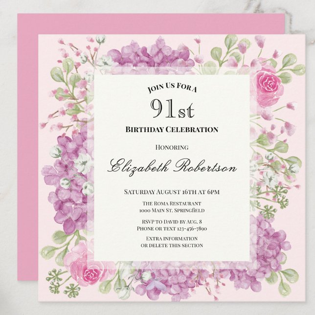 Invitation pour les 91 ans Élégantes Fleurs Roses (Créateur téléchargé)