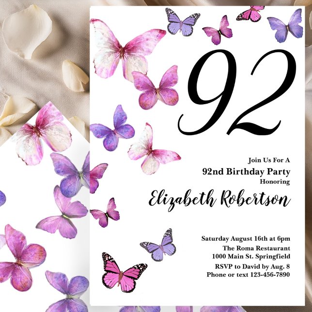 Invitation pour les 92 ans avec papillon en rose v (Créateur téléchargé)