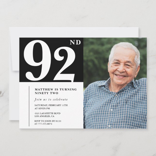 Invitation pour les 92 ans avec photo en noir et b (Devant)
