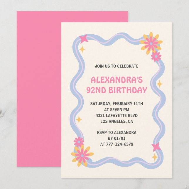 Invitation pour les 92 ans Retro Groovy Rose  (Devant / Derrière)