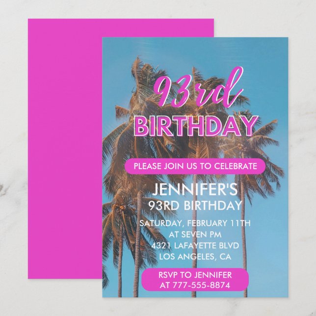 Invitation pour les 93 ans Été Rose Palmier (Devant / Derrière)