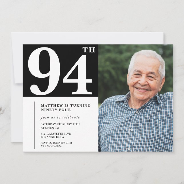 Invitation pour les 94 ans Hommes Photo en Noir et (Devant)