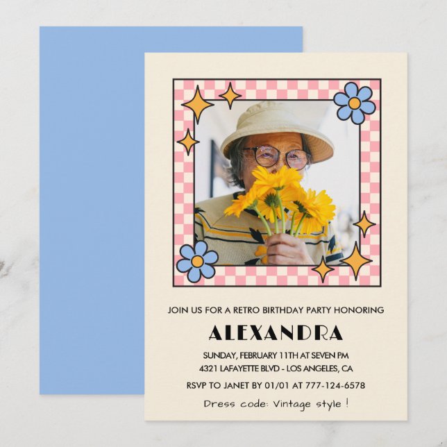 Invitation pour les 95 ans Retro Groovy Fleurs Ble (Devant / Derrière)
