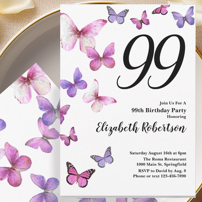 Invitation pour les 99 ans avec papillon en rose v (Créateur téléchargé)