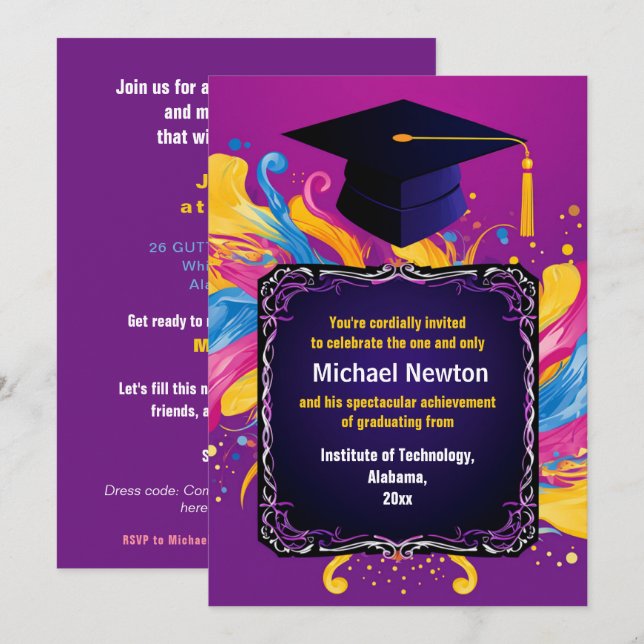 Invitation Pour lui drôle fête vibrante de diplômés (Devant / Derrière)