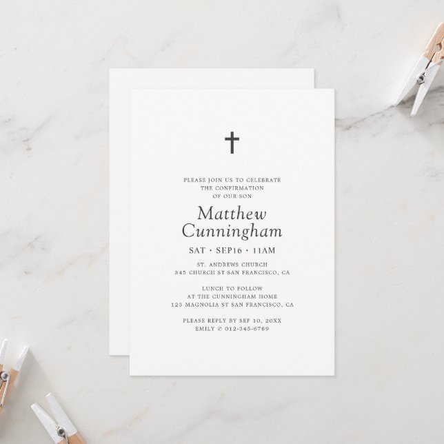 Invitation Pour lui Simple Croix Noire Minimaliste Confirmati (Devant/Arrière en situation)