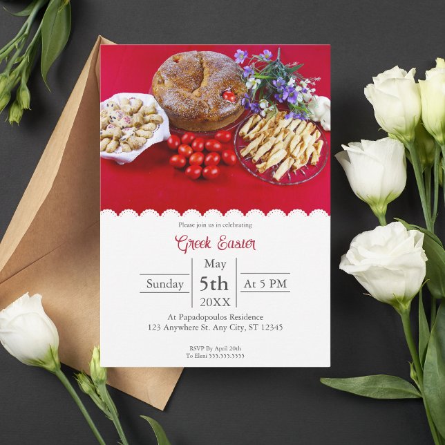 Invitation pour Pâques grec avec nourriture festiv (Easter Delights: Greek Cuisine, Eggs, and Joyful Celebrations Await You!)