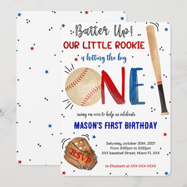 Invitation pour premier anniversaire de baseball (Devant / Derrière)