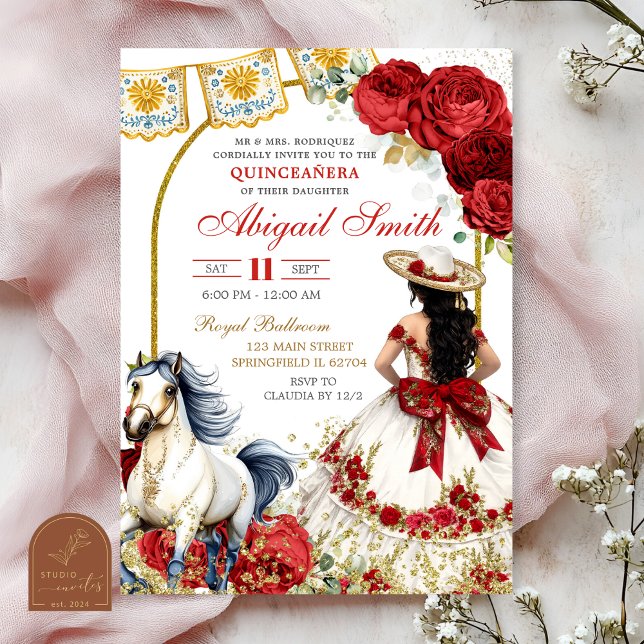 Invitation pour Quinceanera Charra aux Roses Blanc (Créateur téléchargé)