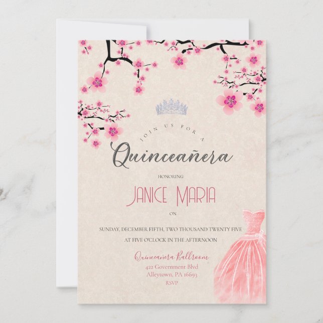 Invitation pour Quinceañera Fleur de Cerisier (Devant)