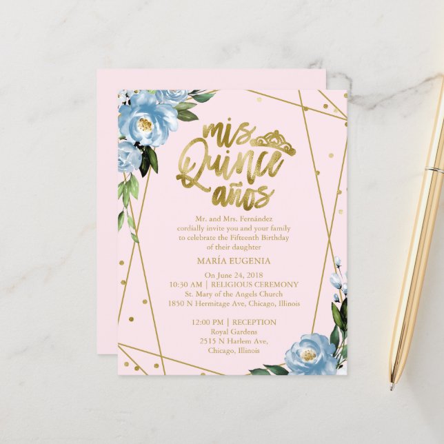 Invitation pour Quinceañera sur budget avec feuill (Devant/Arrière en situation)