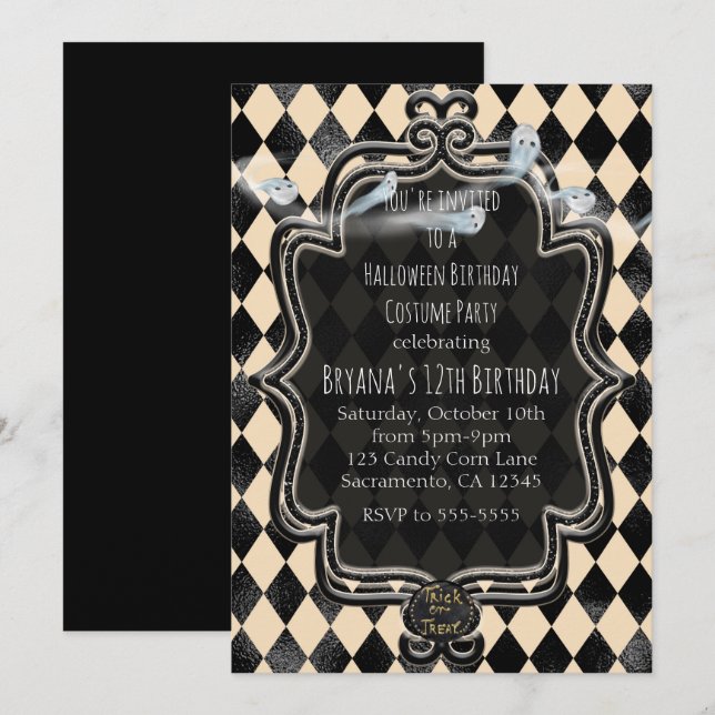 Invitation pour soirée Halloween diamant noir et c (Devant / Derrière)