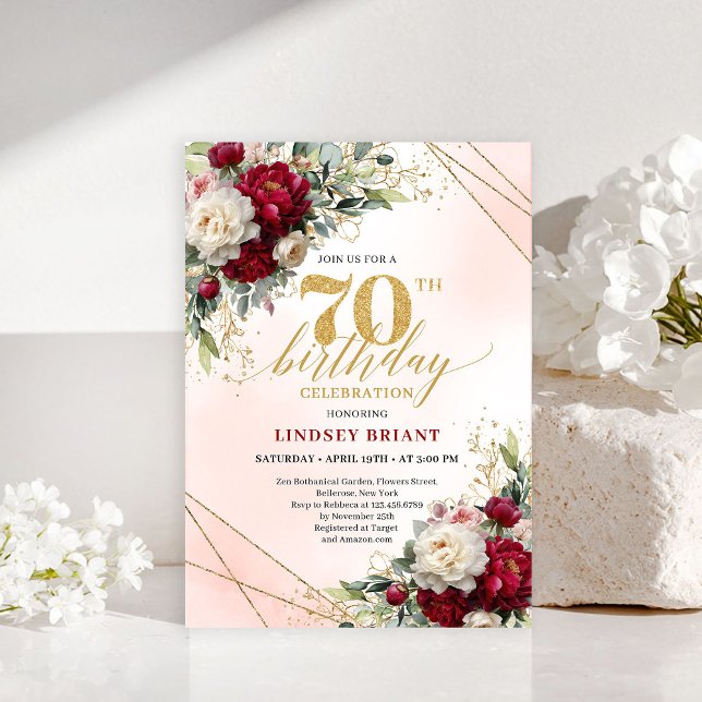 Invitation pour soixante-dixième anniversaire Flor (Timeless Gold Floral Seventieth Birthday Invitation)