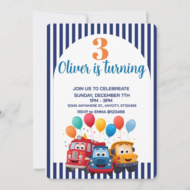 Invitation pour thème d'anniversaire avec camion r (Devant)