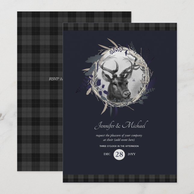 Invitation pour TOUT - Tartan Gris Bleu avec Cerf  (Devant / Derrière)