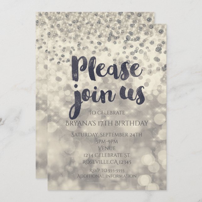 Invitation pour toute fête avec confettis scintill (Devant / Derrière)