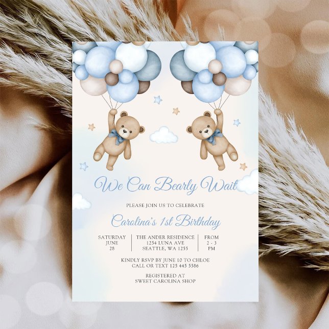 Invitation pour un 1er Anniversaire Ballon Ours en (Créateur téléchargé)