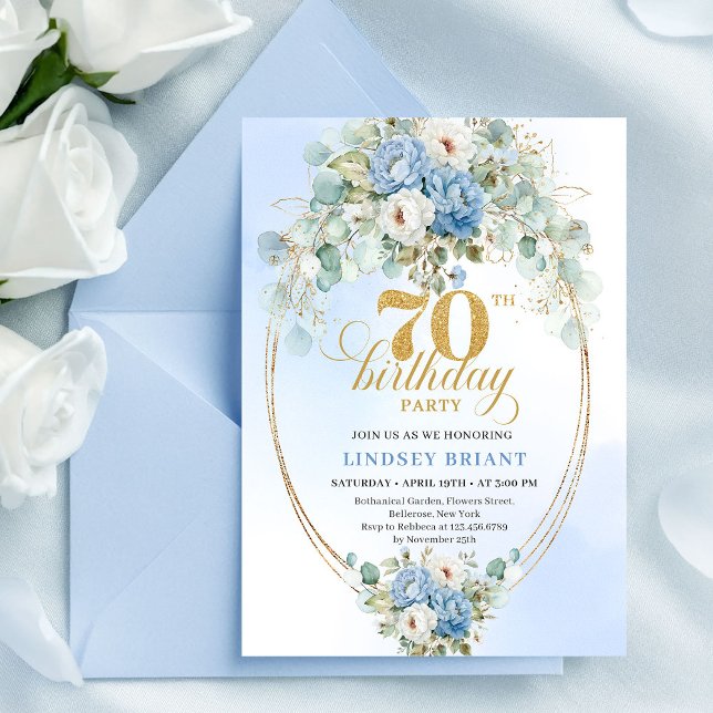 Invitation pour un 70e anniversaire aux pivoines b (Modern Dusty Blue Peonies 70th Birthday Invitation Set

)