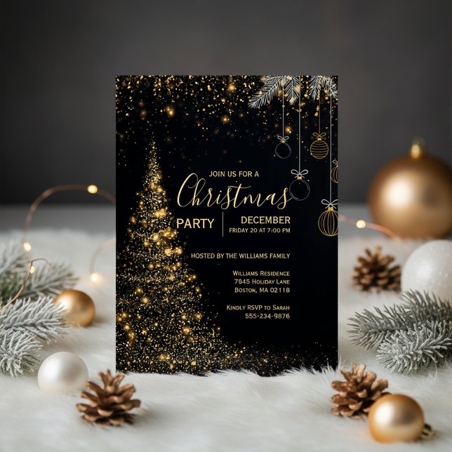 Invitation pour un arbre de Noël doré scintillant (Gold Holiday Invitation)