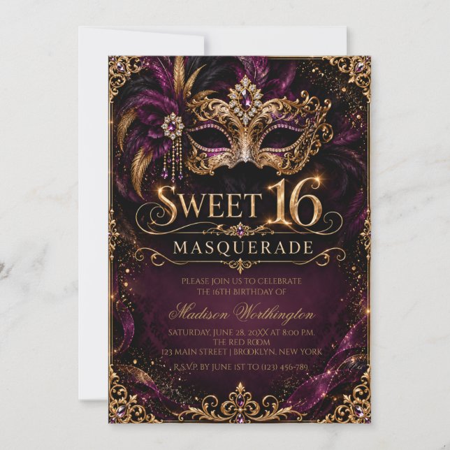 Invitation pour un Bal Masqué Sweet 16 (Devant)