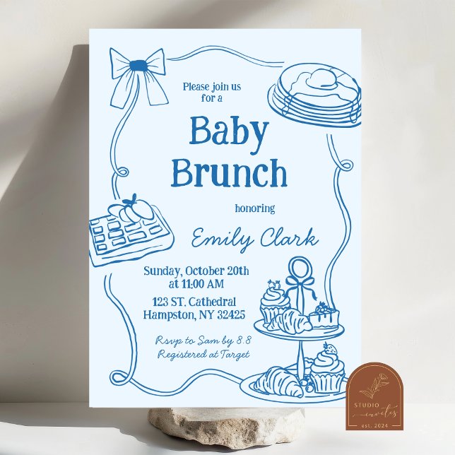Invitation pour un brunch bébé bleu avec gribouill (Créateur téléchargé)