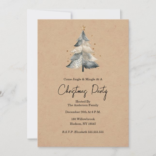 Invitation pour un cocktail de Noël au arbre rusti (Devant)