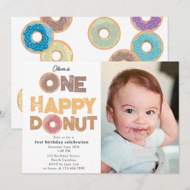 Invitation pour un Happy Donut pour un 1er Anniver (Devant / Derrière)