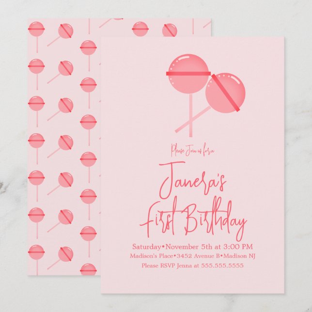 Invitation pour un premier anniversaire au bonbon  (Devant / Derrière)