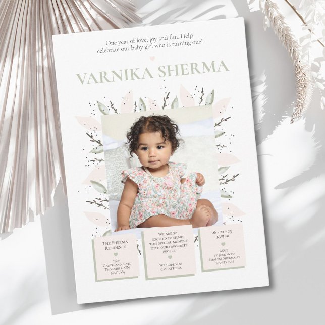 Invitation pour un premier anniversaire fleuri (Celebrate your baby girl’s first year with this pretty floral invitation.)
