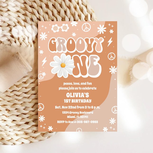 Invitation pour un premier anniversaire Groovy 70s (Créateur téléchargé)