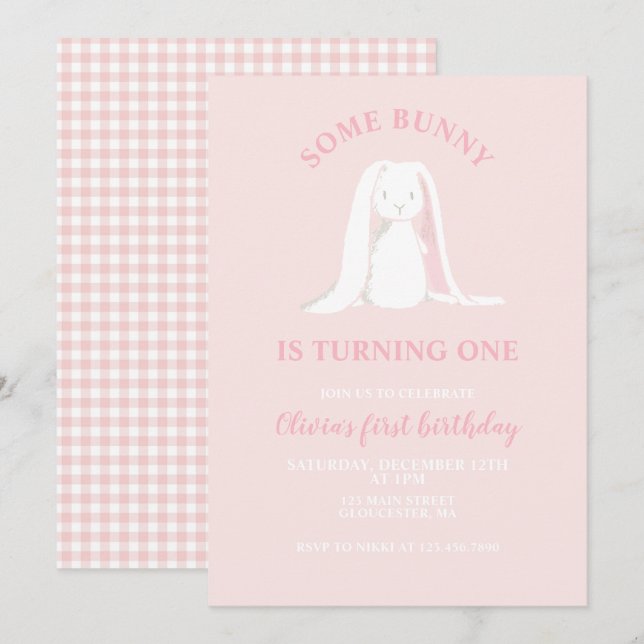 Invitation pour un premier anniversaire rose avec  (Devant / Derrière)