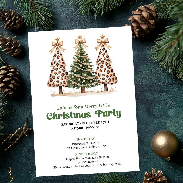 Invitation pour un sapin de Noël au léopard en or  (Artistic green gold leopard Christmas tree invite)