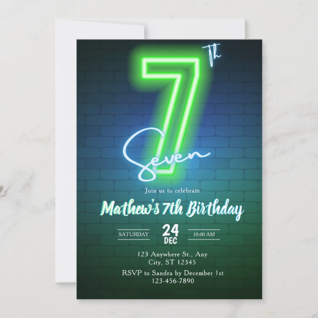 Invitation pour un septième anniversaire néon (Devant)