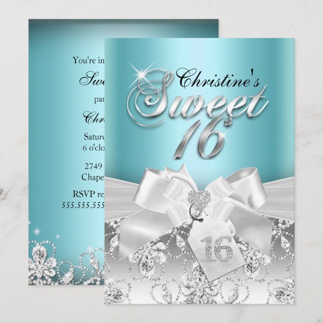 Invitation pour un Sweet 16 avec un arc en diamant (Devant / Derrière)