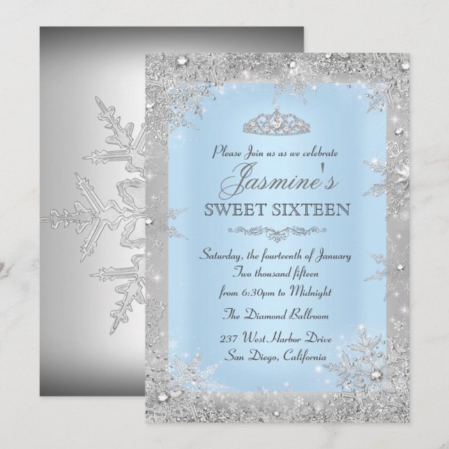 Invitation pour un Sweet 16 Bleu Silver Winter Won (Devant / Derrière)