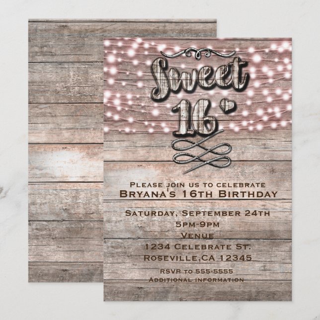 Invitation pour un SWEET 16 en bois rustique patin (Devant / Derrière)