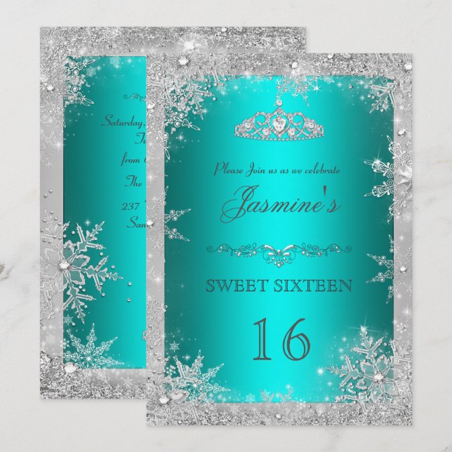 Invitation pour un Sweet 16 turquoise Silver Winte (Devant / Derrière)